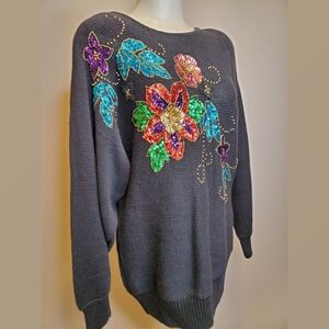 Victoria Jones Vintage Floral Sequined Sweater